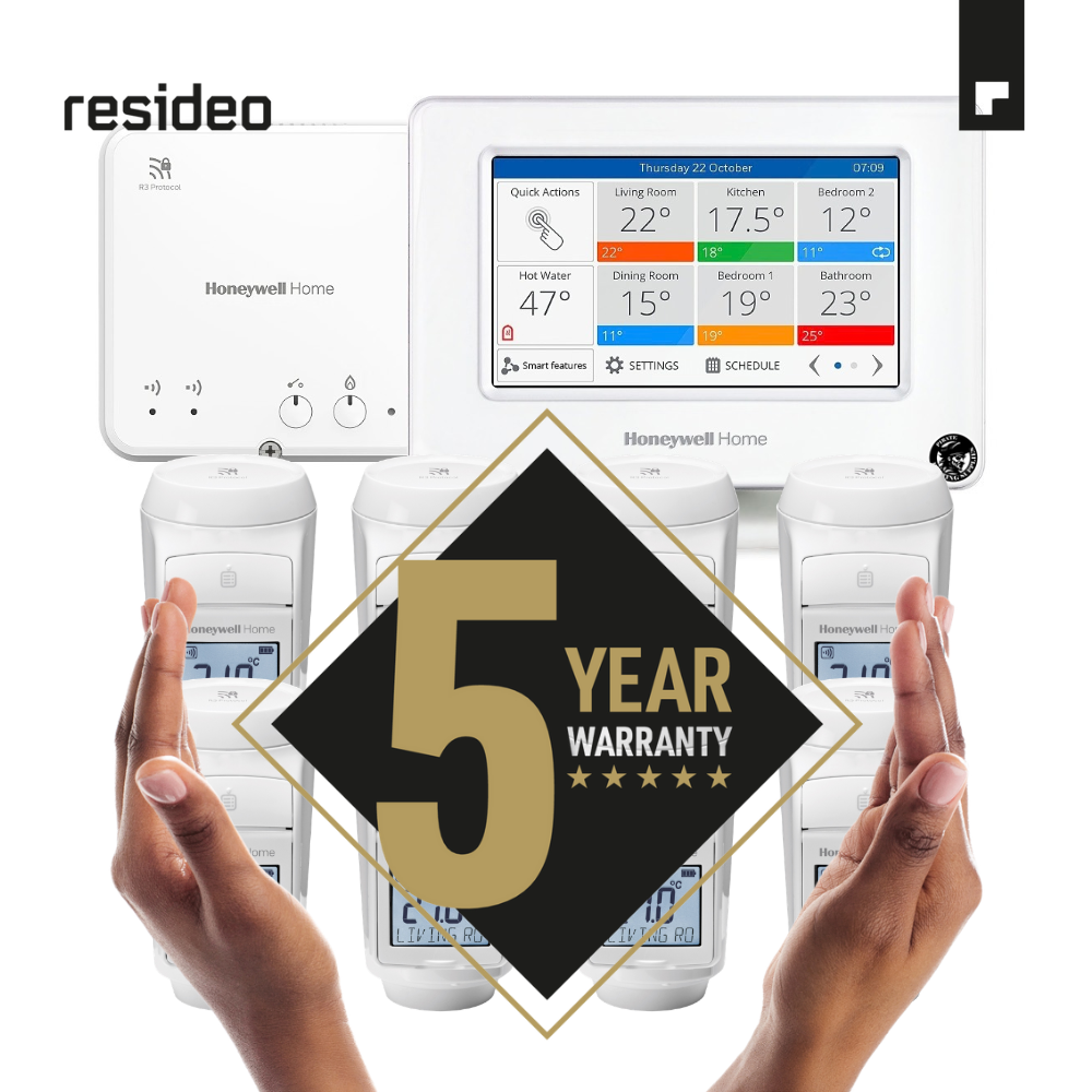 Promotional collage of Honeywell Home smart thermostat and wireless receivers with a bold '5 Year Warranty' badge.