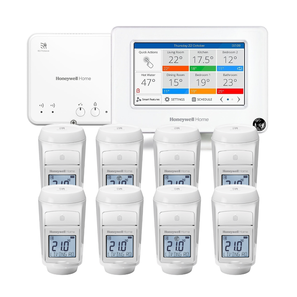 Honeywell Home multi-room thermostat system with eight wireless thermostats and a touchscreen control panel