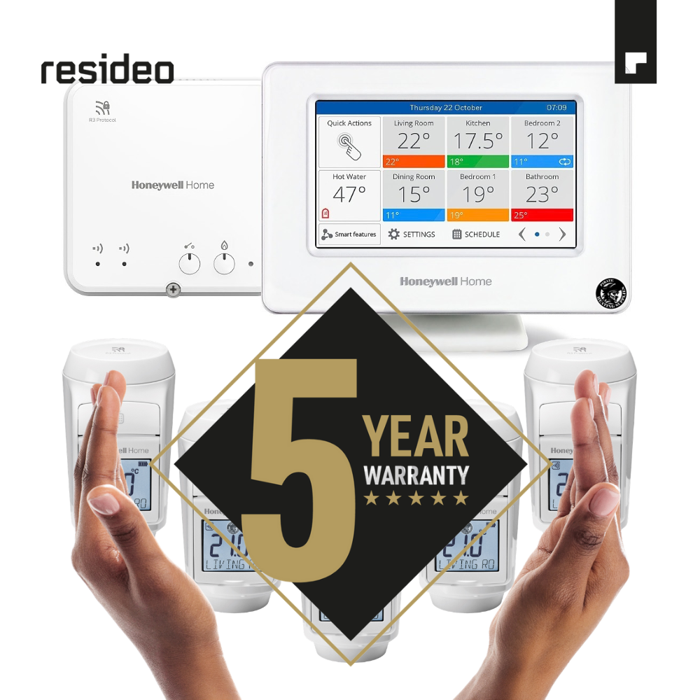 Resideo Honeywell Home smart thermostat and sensors with a bold 5-year warranty badge overlaid.
