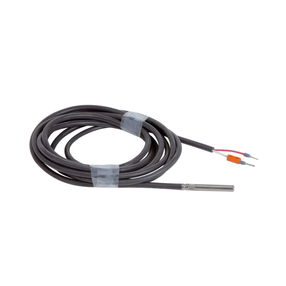 Long black temperature probe on a flexible cable with a metal sensing tip and two-pin connector ends for wiring.