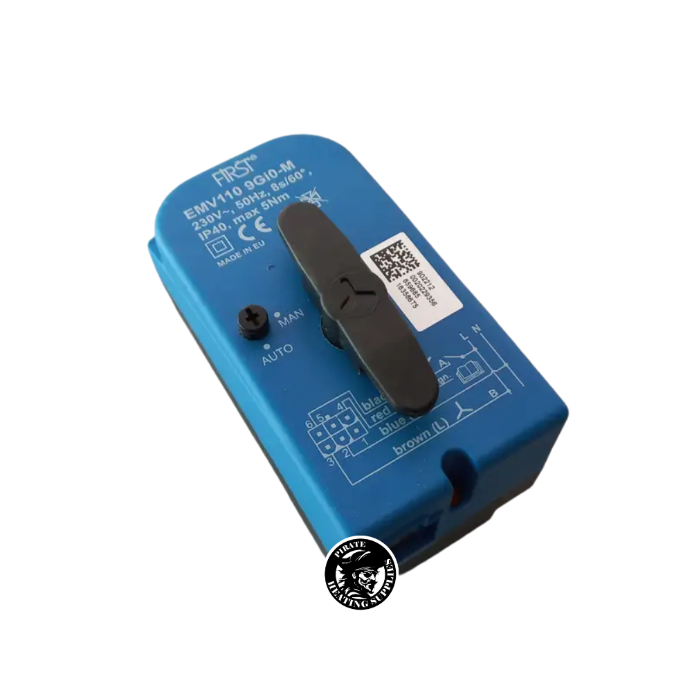 Blue plastic electrical control box with a black lever set to AUTO, showing 'MAN' and 'AUTO' labels and a small wiring diagram.