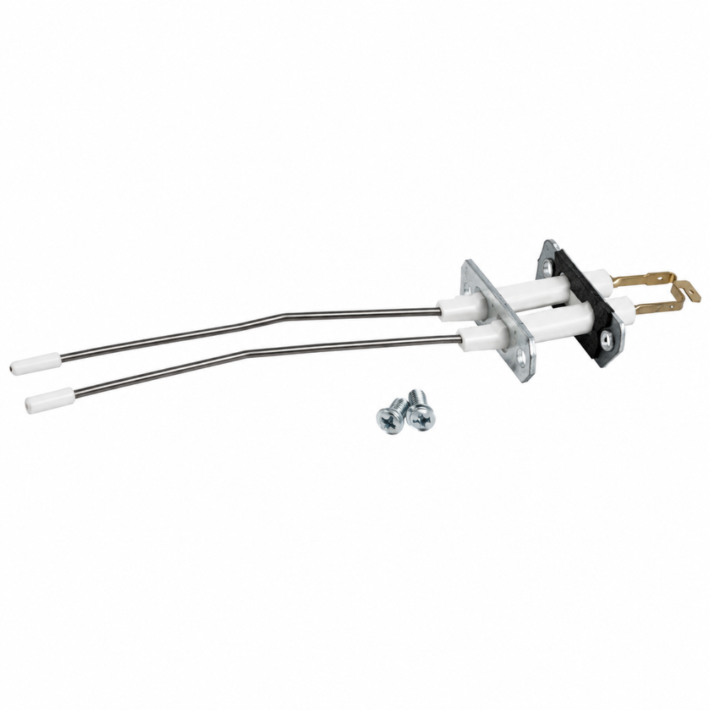 Dual oven igniter assembly with ceramic insulators, mounting bracket, and securing screws