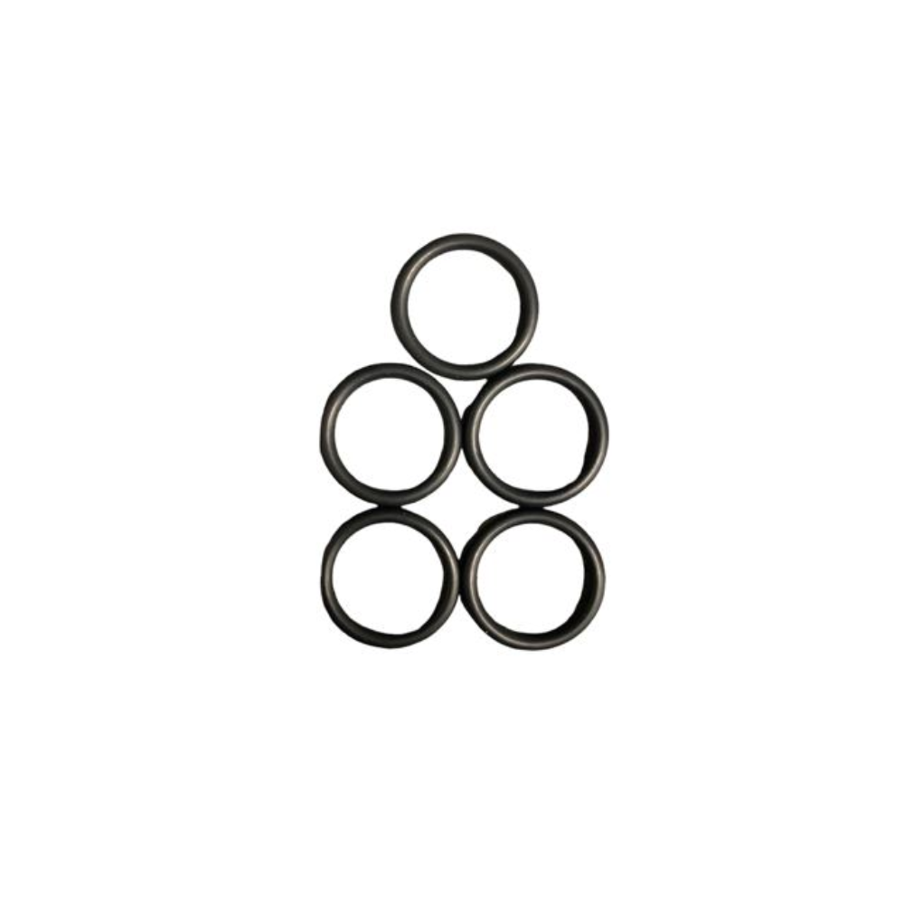 Six black rubber O-ring seals arranged in a triangular stack (1 on top, 2 in the middle, 3 on the bottom).