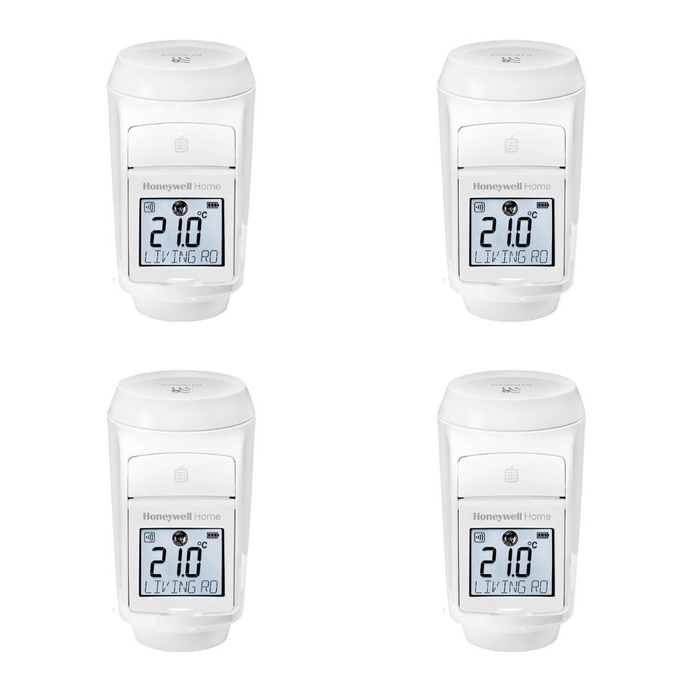 Four white Honeywell Home thermostats arranged in a 2x2 grid, each showing 21.0°C and 'LIVING RO' on the display.