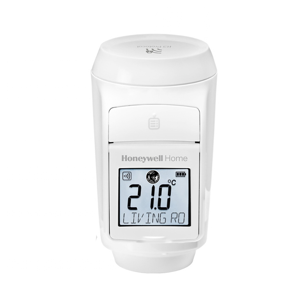 White Honeywell Home thermostat with digital display showing 21.0°C in Living Room (Living Ro) and a top-access button area