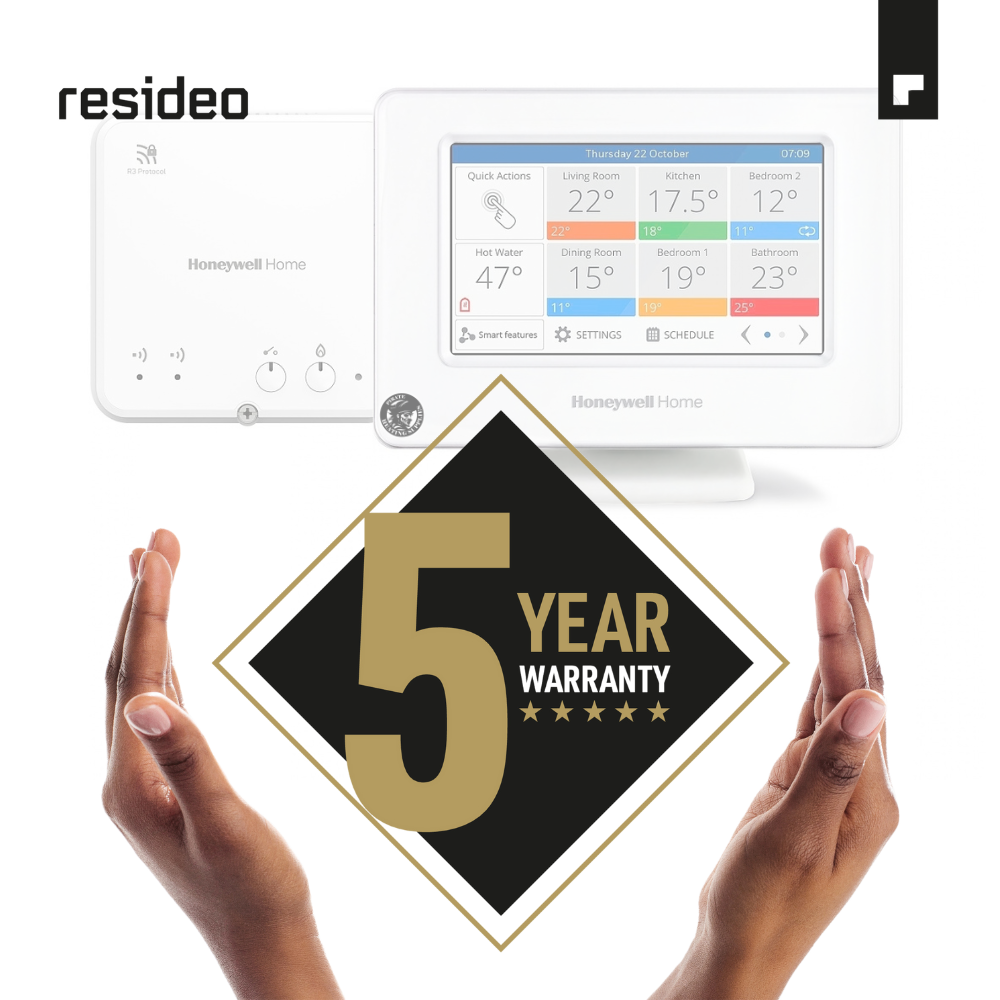 Thermostat with touchscreen display, flanked by hands, overlaid with a black diamond '5 Year Warranty' badge.